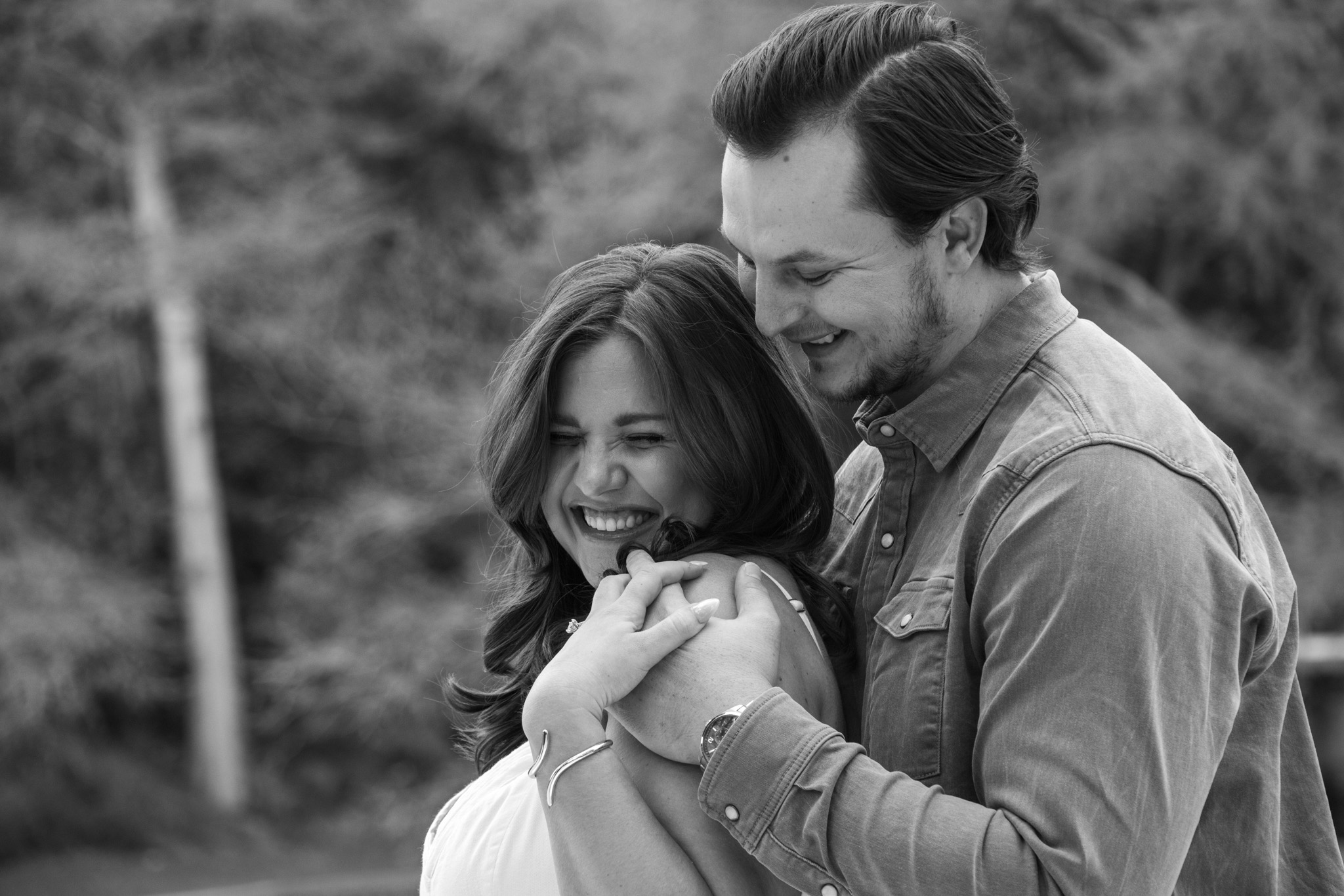 Black and white candid engagement portrait