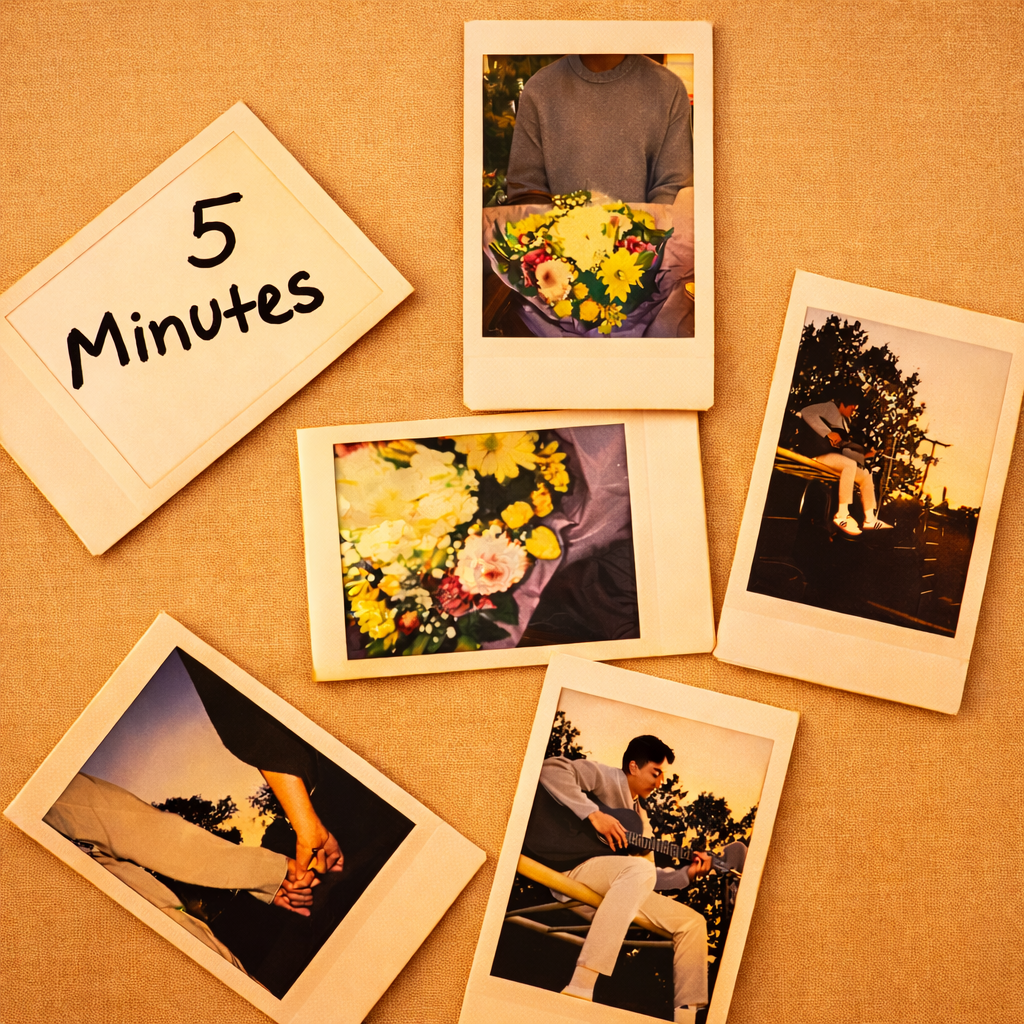5 Minutes song cover artwork featuring Polaroid-style photographs and flowers